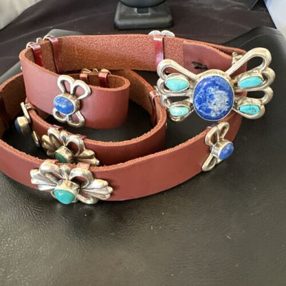 Men's Kingman Turquoise Lapis Concho Belt | Sterling Silver Navajo Tufa | Authentic Native American Handmade | 16682 - Masha USA