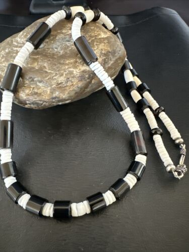 Men's Navajo Black Onyx White Shell Necklace | Sterling Silver | 26" | Authentic Native American Handmade | 17583