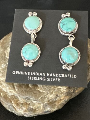 Navajo Blue Green Turquoise Dangle Earrings | Sterling Silver | 1.5" | Authentic Native American Handmade | 17388