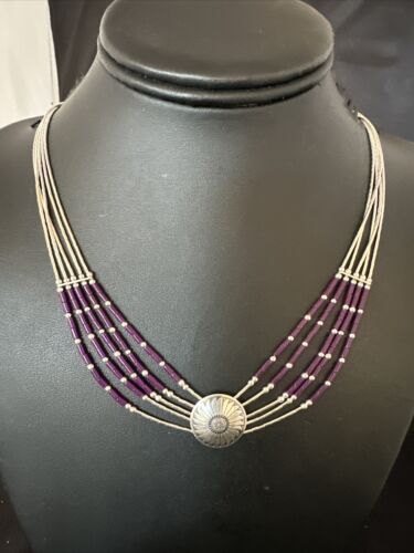 Navajo Purple Sugilite Heishi Concha Necklace | 5 Strand Liquid Sterling Silver | 20" | 15877