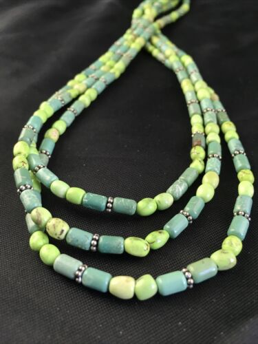 Navajo Blue Green Turquoise Necklace | 3-Strand | Sterling Silver | 17" | Authentic Native American Handmade | 10245