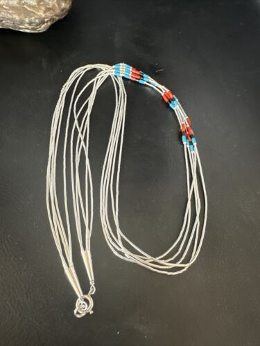 Multi-Color Liquid Silver Heishi Necklace | 5-Strand Sterling Tubes | 25" | Authentic Native American Handmade | 15136