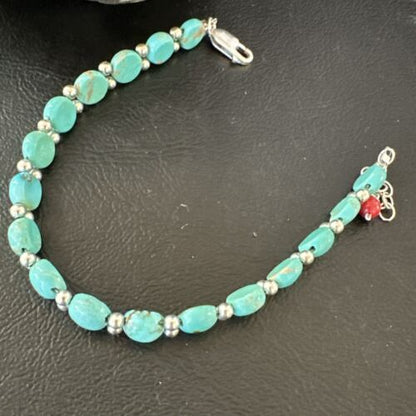 Women's Blue Turquoise Bead Bracelet | Southwestern Sterling Silver Link | 8" | 17498