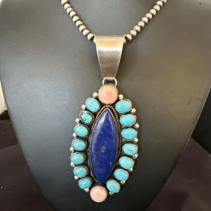 Navajo Multi-Stone Necklace | Lapis, Pink, Blue Turquoise | Sterling Silver | Authentic Native American Handmade | 17455
