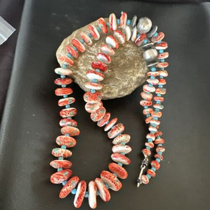 Navajo Blue Turquoise & Spiny Oyster Necklace | Sterling Silver | Authentic Native American | 22" | 17420
