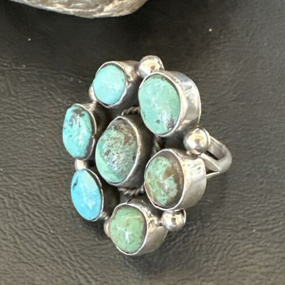 Navajo Blue Turquoise Cluster Ring | Authentic Native American Sterling Silver | Multi-Stone | Sz 9 | 17645