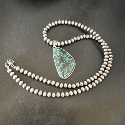 Men's Navajo Blue Spiderweb Turquoise Pendant Necklace | Sterling Silver | Authentic Native American Handmade | 16227