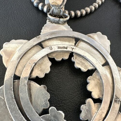 Navajo Men's Blue Turquoise Naja Pendant Necklace | Sterling Silver Pearls | Authentic Native American | 16404