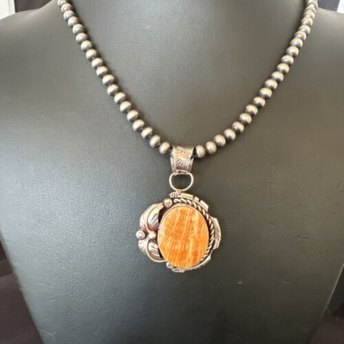 Navajo Orange Spiny Oyster Pendant Necklace | Sterling Silver Pearls | Authentic Native American Handmade | 16559