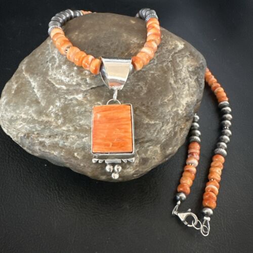 Navajo Pearls Necklace with Orange Spiny Oyster Pendant | Sterling Silver | Authentic Native American Handmade | 17050