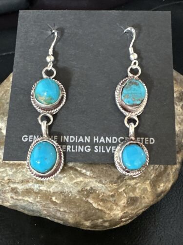 Kingman Turquoise Dangle Earrings | Navajo Sterling Silver | Authentic Native American Handmade | 14865