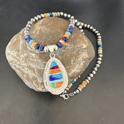 Navajo Spiny Oyster Turquoise Lapis Inlay Pendant Necklace | Sterling Silver | 21" | Authentic Native American Handmade | 16629