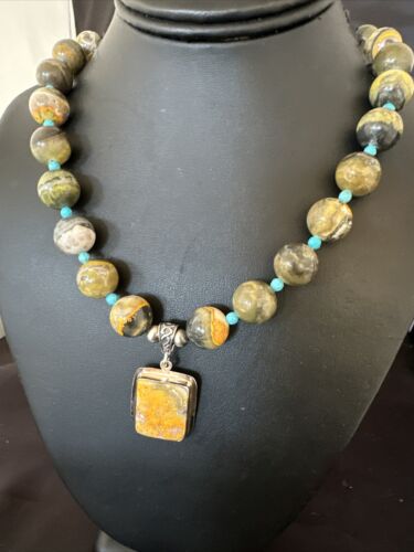 Bumblebee Jasper Pendant | Turquoise Bead | Navajo Sterling Silver Necklace 21" | 15910