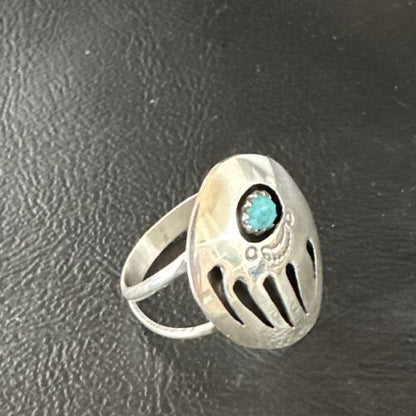 Navajo Blue Turquoise BearPaw Ring | Sterling Silver | Sz 8 | Authentic Native American Handmade | 15362