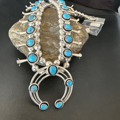 Navajo Kingman Turquoise Shadowbox Squash Blossom Necklace | Sterling Silver | Authentic Native American Handmade | 16091