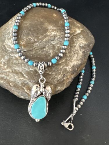 Navajo Pearls Kingman Turquoise Pendant Necklace | Sterling Silver | Authentic Native American Handmade | 14894