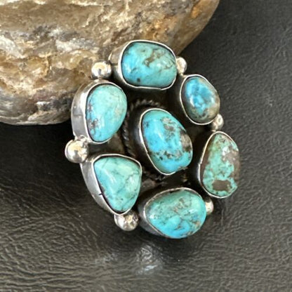 Navajo Blue Kingman Turquoise Cluster Ring | Authentic Native American Sterling Silver | Multi-Stone | Sz 10 | 17644