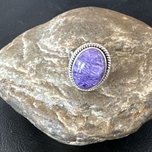 Navajo Purple Charoite Oval Ring | Sterling Silver | Adjustable Sz 9 | Authentic Native American Handmade | 17248