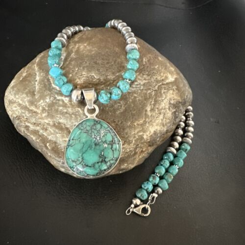 Men's Blue Spiderweb Turquoise Pendant Necklace | Navajo Sterling Silver | Authentic Native American Handmade | 17086