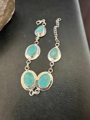 Navajo Blue Turquoise Link Bracelet | Sterling Silver | 9" | Authentic Native American Handmade | 17638