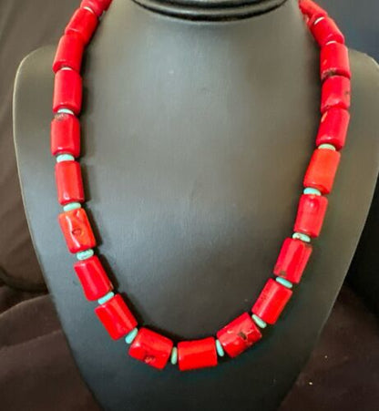 Navajo Red Coral Turquoise Bead Necklace | Sterling Silver | 20" | Authentic Native American Handmade | 16816