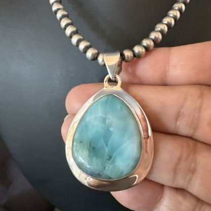 Navajo Blue Larimar Pendant Necklace | Sterling Silver Beads | Authentic Native American Handmade | 17563