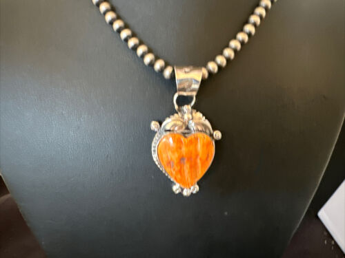 Navajo Orange Spiny Oyster Heart Pendant Necklace | Sterling Silver | Authentic Native American Handmade | 16415