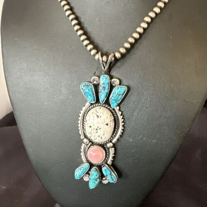 Navajo Blue Kingman Turquoise Cluster Pendant | Sterling Silver | 4" | Authentic Native American Handmade | 17419