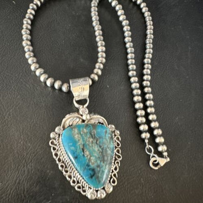 Navajo Kingman Turquoise Pendant Necklace | Sterling Silver Pearls | Authentic Native American Handmade | 15220 - Masha USA