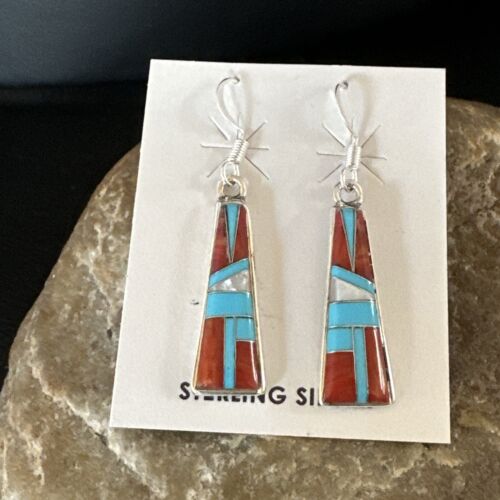 Navajo Blue Turquoise Red Coral Inlay Earrings | Sterling Silver | 1" | Authentic Native American Handmade | 15701