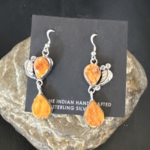 Navajo Orange Spiny Oyster Dangle Earrings | Sterling Silver | 1.5" | Authentic Native American Handmade | 16566