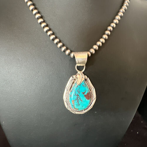 Navajo Blue Kingman Turquoise Pendant Necklace | Sterling Silver Pearls | Authentic Native American Handmade | 16024