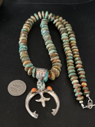 Navajo Turquoise Spiny Oyster Naja Pendant Necklace | Sterling Silver | 28" | Authentic Native American Handmade | 14846