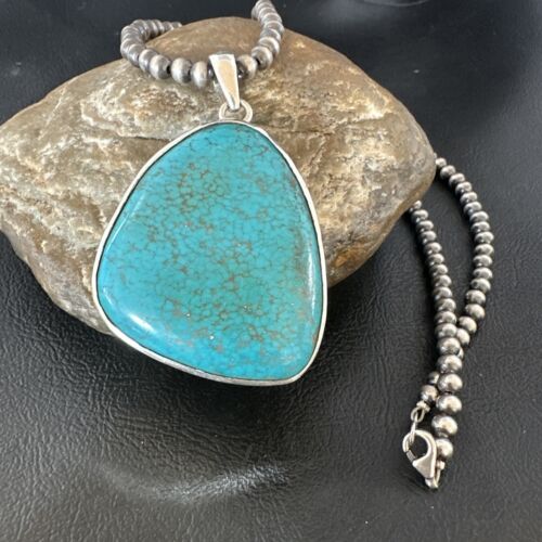 Men's Navajo Blue Spiderweb Turquoise Pendant Necklace | Sterling Silver | Native American Handmade | 16205