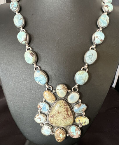 Navajo Blue Golden Hills Turquoise Lariat Necklace Pendant | Authentic Native American Handmade | 16184