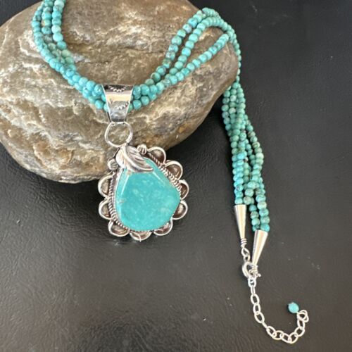 Navajo Blue Turquoise Pendant | Sterling Silver 3-Strand Bead Necklace | 17" | Authentic Native American Handmade | 15996