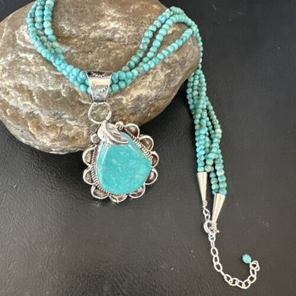 Navajo Blue Turquoise Pendant | Sterling Silver 3-Strand Bead Necklace | 17" | Authentic Native American Handmade | 15996