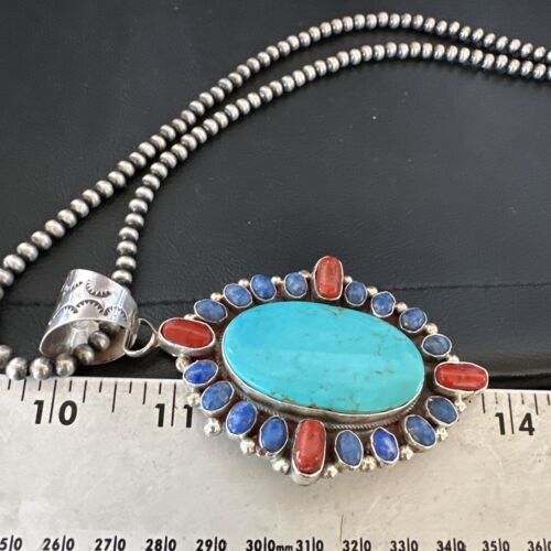 Navajo Blue Kingman Turquoise Coral Lapis Pendant Necklace | Sterling Silver | 17150