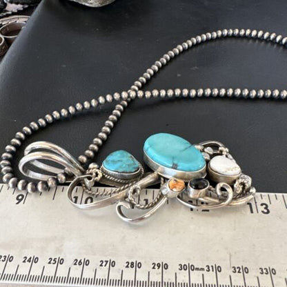 Navajo White Buffalo Kingman Turquoise Sterling Silver Pendant Necklace | 21" | Handmade 15949