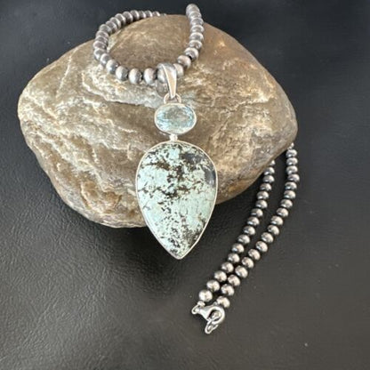 Navajo Dry Creek Turquoise Topaz Pendant Necklace | Sterling Silver | Authentic Native American Handmade | 16314
