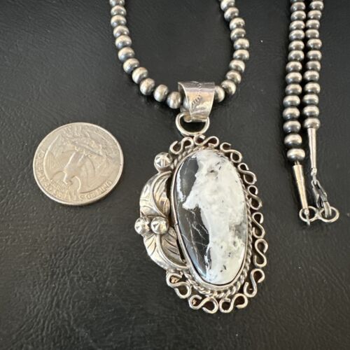 Navajo White Buffalo Turquoise Pendant Necklace | Sterling Silver | Authentic Native American Handmade | 15617