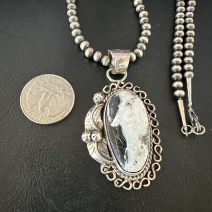 Navajo White Buffalo Turquoise Pendant Necklace | Sterling Silver | Authentic Native American Handmade | 15617