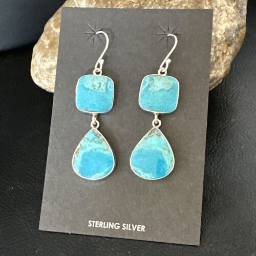 Navajo Blue Kingman Turquoise Dangle Earrings | Sterling Silver | Authentic Native American Handmade | 15105