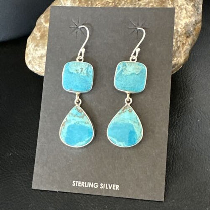 Navajo Blue Kingman Turquoise Dangle Earrings | Sterling Silver | Authentic Native American Handmade | 15105
