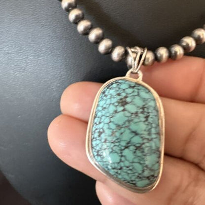 Men's Navajo Blue Spiderweb Turquoise Pendant Necklace | Sterling Silver | Authentic Native American Handmade | 16274