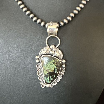 Navajo Green Spiderweb Turquoise Pendant Necklace | Sterling Silver | Native American Handmade | 15100