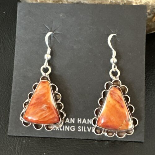 Navajo Orange Spiny Oyster Dangle Earrings | Sterling Silver | Authentic Native American Handmade | 17265