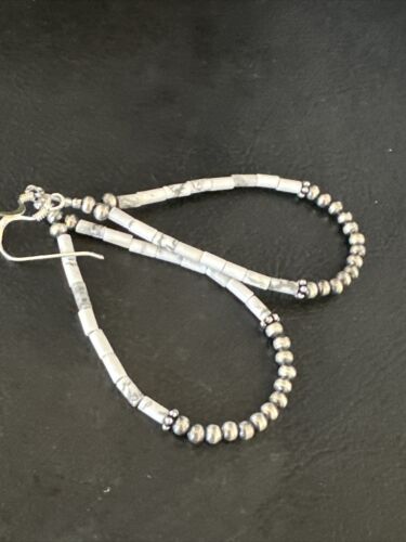 Navajo White Howlite Heishi Dangle Earrings | Sterling Silver | 2" | Authentic Native American Handmade | 15348