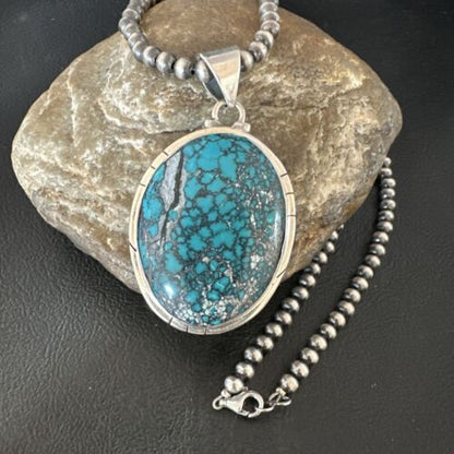 Men's Navajo Blue Spiderweb Turquoise Pendant Necklace | Sterling Silver | Authentic Native American Handmade | 16193