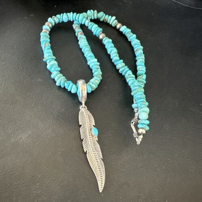 Navajo Blue Turquoise Leaf Pendant | Sterling Silver Pearls Necklace | 21" | Authentic Native American Handmade | 17540